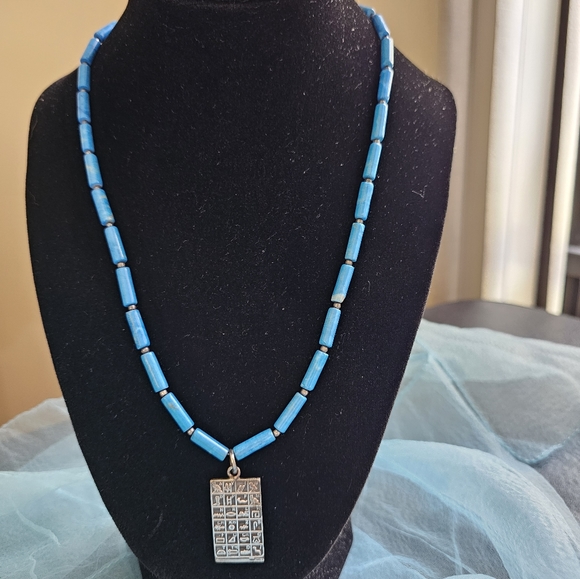Egyptian Sterling Silver Hieroglyphics Pendant Blue Howlite Beads Necklace - Picture 5 of 10